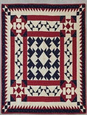 Patriotic Themed Quilt, Reds, Blues And Off-white Fabrics. Quilted And Signed